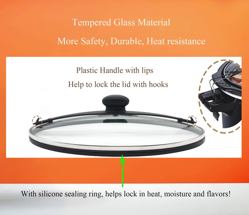 Oval Slow Cooker Glass Lid Replacement 6Qt with Sealing Ring & Clips | Compatible for Hamilton Beach, Models 33969A, 33261, 33866, 33861 Fit 6Qt