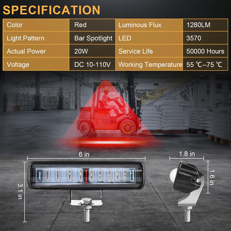 Forklift Safety Light with Red Side Warning Zone,30W LED Pedestrian Warning Light with Adjustable Mounting Bracket for Warehouse and Industrial Use, Enhances Workplace Safety,DC 10-110V