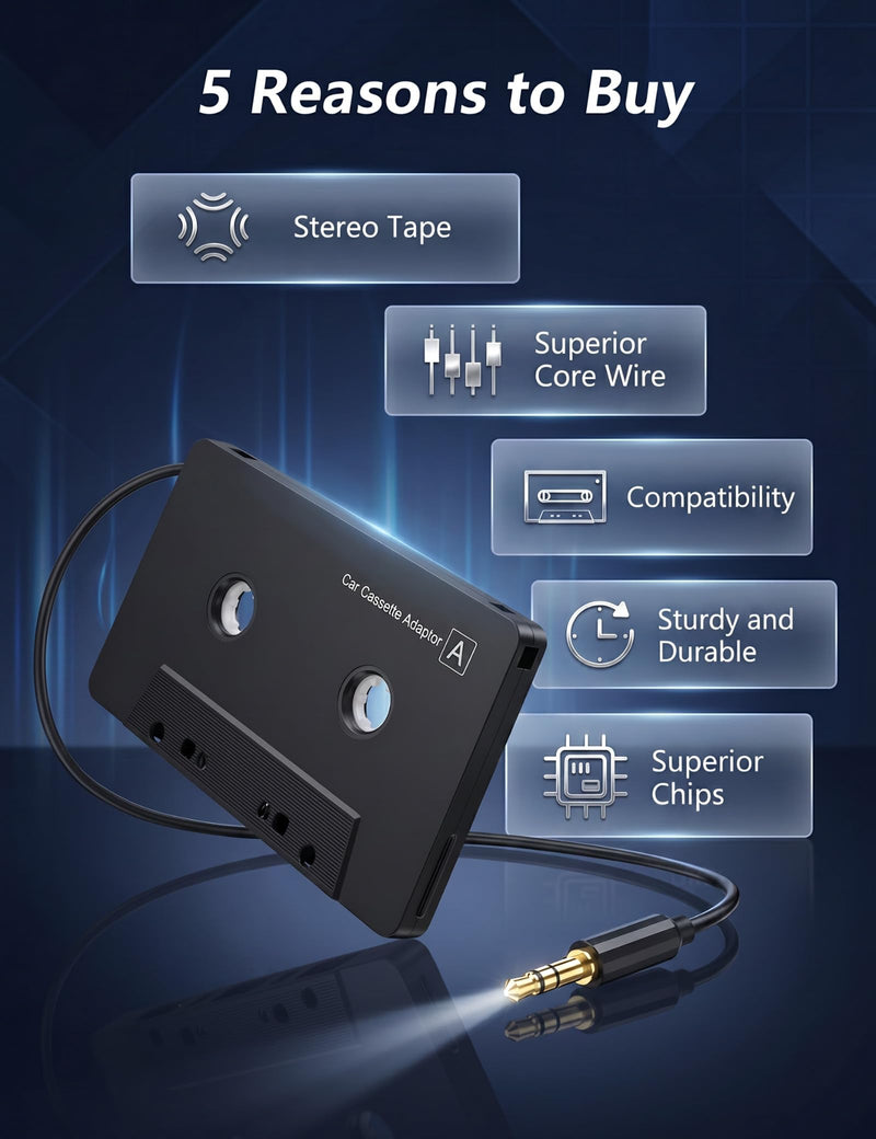 Car Cassette Adapter with USB-C to 3.5mm Audio Adapter, Cassette to AUX Adapter for Car, Compatible with Samsung Galaxy, Google Pixel, Xiaomi, Huawei & USB-C Devices, Stable Audio Connection