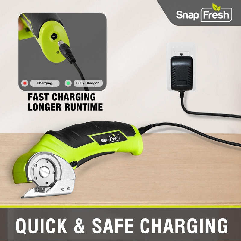 SnapFresh Cordless Electric Scissors, 4V Electric Mini Box Cutter, Carpet & Cardboard Cutter Tool with a Replacement Blade/Charger, Rotary Cutter for Cardboard Packages Leather Plastic （Green） Green