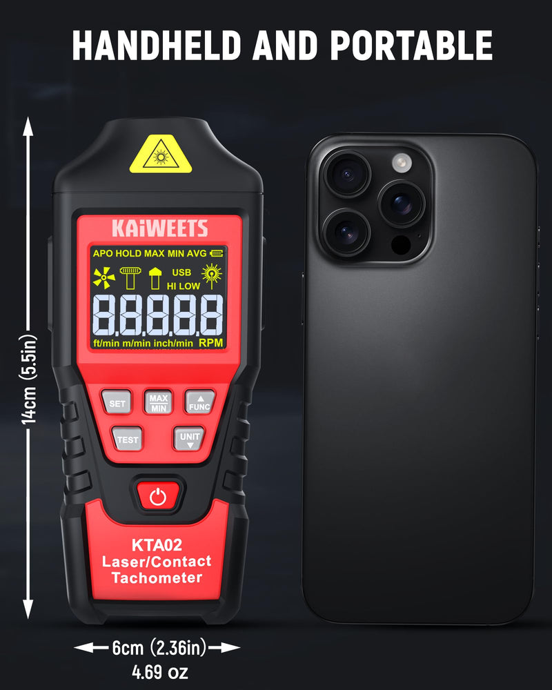 KAIWEETS 2-in-1 Laser & Contact Tachometer with Rechargeable Battery, Photo Sensor 10-99999RPM and Contact 1-19999RPM High Accuracy RPM Meter with Backlight Hold/MAX/MIN/AVG, HI/Low Alarm Function