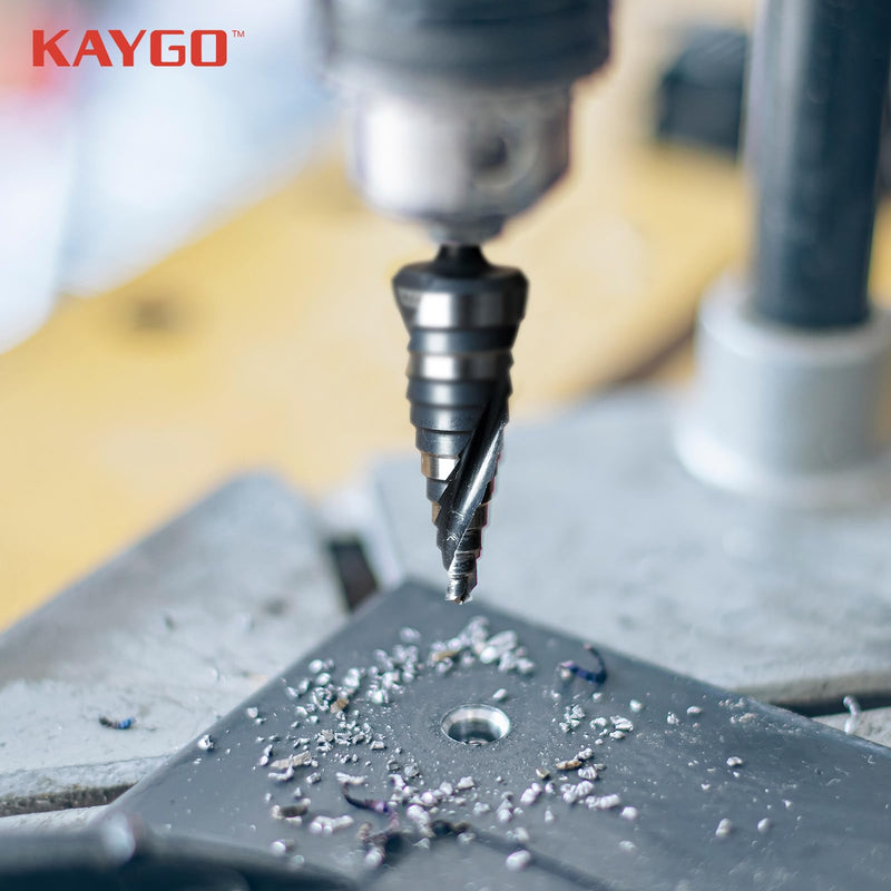 KAYGO M35 Step Drill Bit,3/16 to 1-1/8 inch Unibit Step Bit with Double Sprial Flute,1/4 -inch Hex Shank Drill Bit for Metal,Stainless Steel, Aluminum,Copper,Wood,PVC 3/16"- 1-1/8"