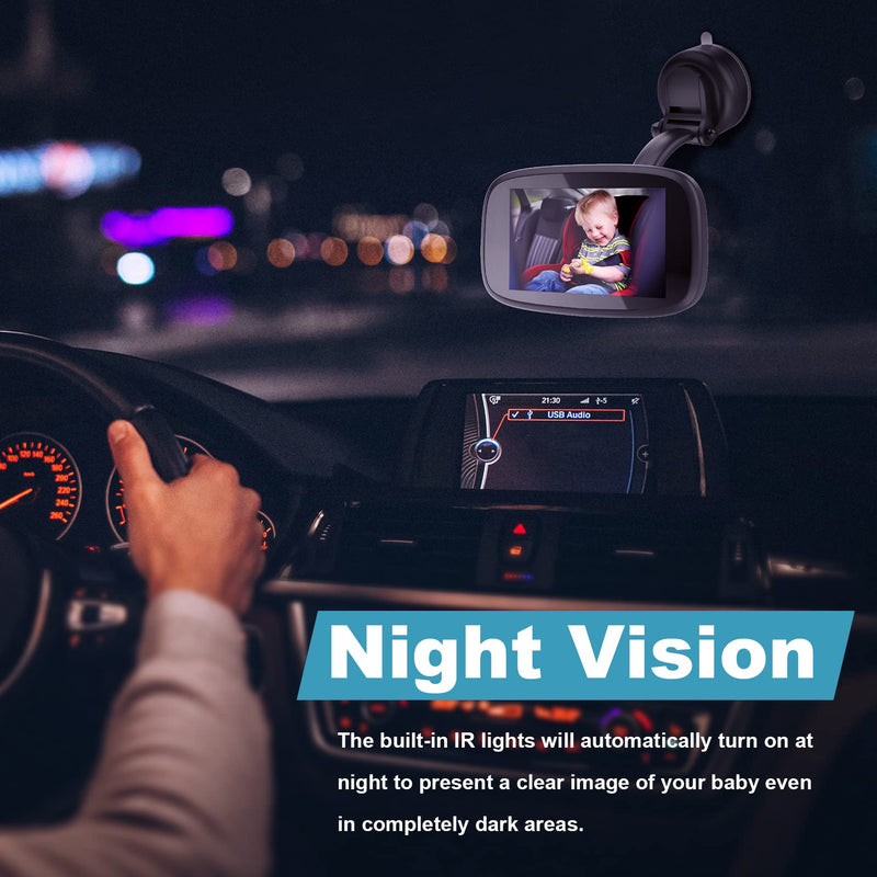 1080P Baby Car Mirror, Shybaby 4.3" Baby Car Camera Monitor with 170° Wide View, HD Night Vision Function and Reusable Sucker Bracket, Safety Rear Facing Cars Set Camera for Infants Kids Toddlers Black