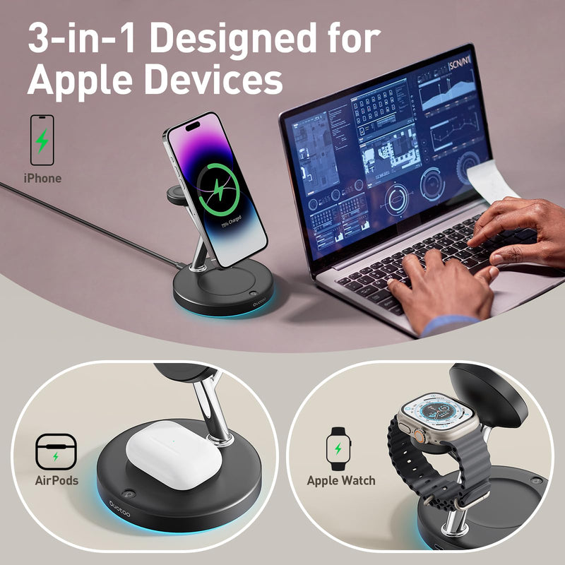 2024 Version 3 in 1 30W Supper Fast Wireless Charging Station for iPhone Apple Watch AirPods, Magnetic Charger Stand Dock Multiple Devices for 15/14/13/12/, iWatch, AirPods 3 2 Pro (black) black