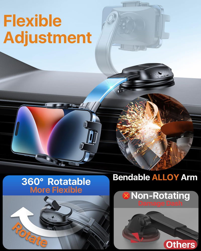 Upgraded Strongest Suction No Block View Bendable Arm Car Phone Holder | Military-Grade Rotatable Dashboard Windshield Vent Cellphone Mount Cradle Stand for iPhone 17 16 15 14 13 Pro Max Light Gray