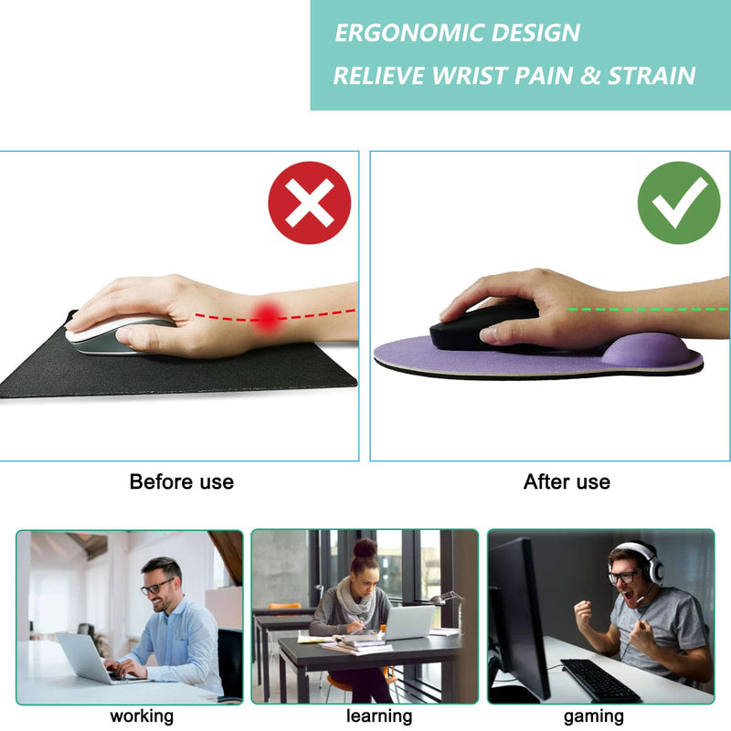 Mouse Pad with Wrist Support, Ergonomic Mouse Pad with Memory Foam Wrist Rest Cushion, Non-slip Rubber Base Gaming Mice Pad for Home Office Computer Laptop, Purple