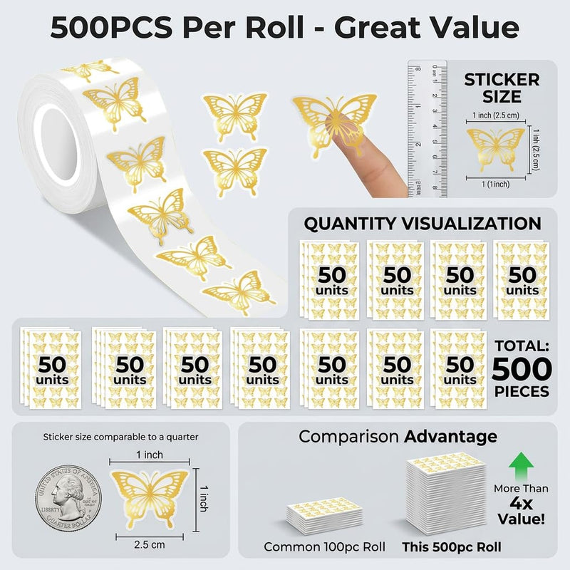 500Pcs Gold Foil Butterfly Stickers, Packaging & Envelope Seals | 500Pcs gold foil butterfly stickers; waterproof self-adhesive accents for packaging, envelopes, crafts, gifts, or parties. 500pcs- Gold Foil Butterfly Pattern