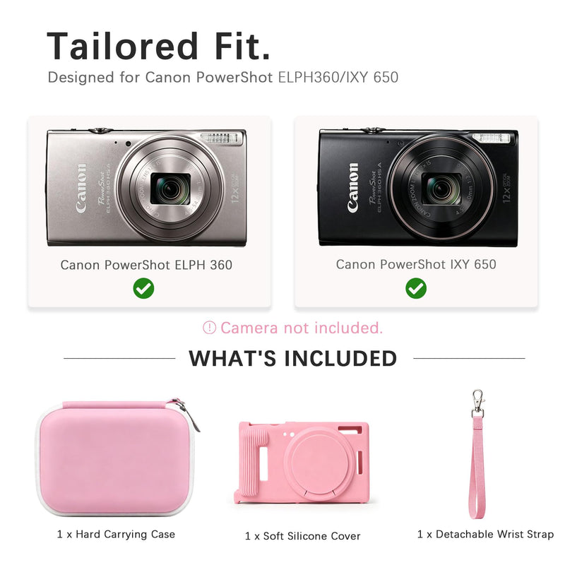 Case for Canon PowerShot ELPH 360 HS A/360 HS/360/650 Digital Camera | Canon PowerShot ELPH 360 HS A/ 360 HS/ 360/ XY 650 Hard Carrying Case + Soft Silicone Cover with Removable Lens Cover, Pink