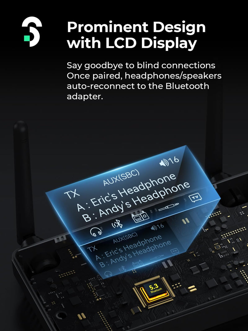 SOOMFON Dual Antenna Bluetooth Transmitter for TV Bluetooth 5.3 Receiver 3-in-1 to 2 Headphones with LCD Display Volume Control Optical AUX RCA for TV Home Stereo Speaker