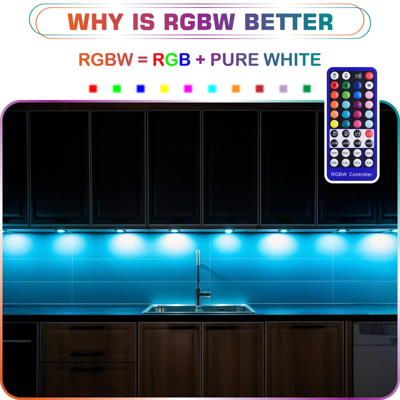 RGBWW Under & Above Shelf Light, Round LED Puck for Accent & Ambient Lighting, Color Changing & True Warm White, Remote Dimmable, Daisy Chain Linkable, 110 Volt Wall Plugged in, 4 Lights 4 Lights Kit