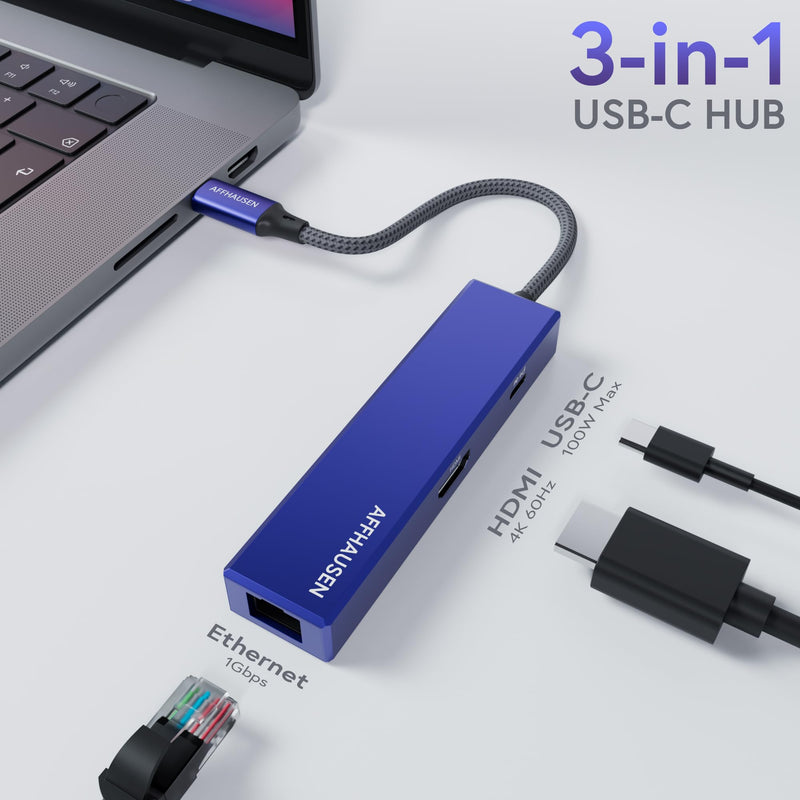 HM01 3-in-1 USB-C Hub, Gigabit Ethernet, 4K@60Hz HDMI, USB-C Charging for iPhone 15, iPad Pro, MacBook, XPS, Lenovo DY22HUM3101S
