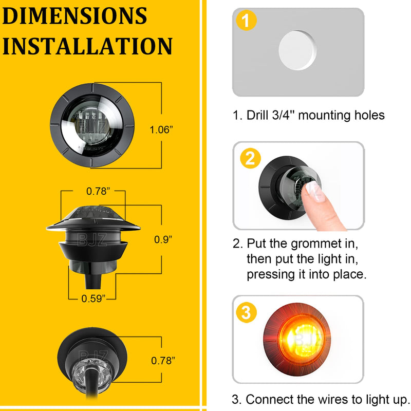 BJZ 3/4" Side Marker Trailer LED Lights Red-Amber Dual Color 4LED Round Clearance Brake Stop Turn Signal Tail Bullet Light 12V for Trailer Truck Van RV ATV Bus, 10Pcs w/Smoked Lens Amber-Red (Smoked Lens)