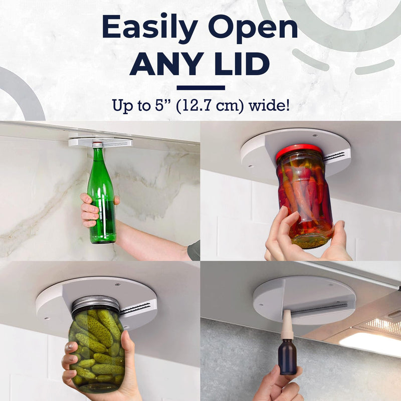 EZ Off Jar Opener for Seniors - Under Cabinet Jar Openers for Weak Hands, Easy Grip, Arthritis jar opener, One Handed Gadgets & Bottle Opener - Essential Kitchen Gadgets - White - 2 Pack