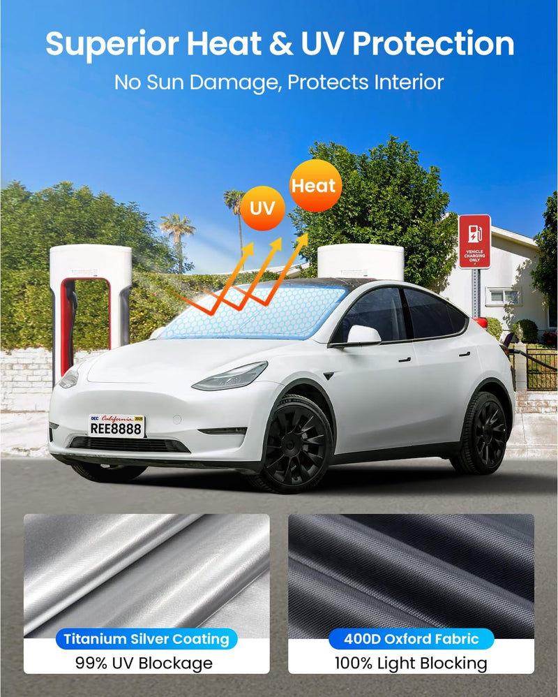 REEVAA 2025 Upgraded Tesla New Model Y (Juniper) Sunshade Windshield [Tailored Fit, 99% Sun Protection] Foldable Sun Shade Accessories with Storage Bag for Model Y 2016-2026, Silver Coating for Model Y (2016-2026)