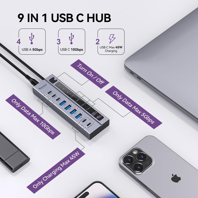 Minisopuru Powered USB C Hub – Support Max 45W Charging with 72W Power Adapter, 10Gbps Data Transfer, USB C to USB C Hub Charging for Meta Quest Pro, Steam, iPad Pro, iPhone, Watch (Not for Monitor)