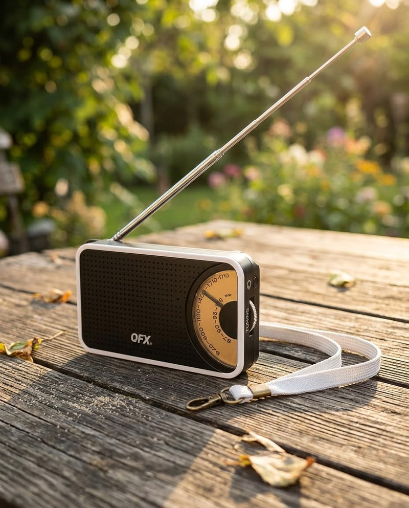 QFX Retro Pocket Portable AM FM Radio with Telescoping Antenna, R-70 | Analog Tuning, Built-In Speaker, Earphone Jack, Thumbwheel Volume Control, Battery Operated