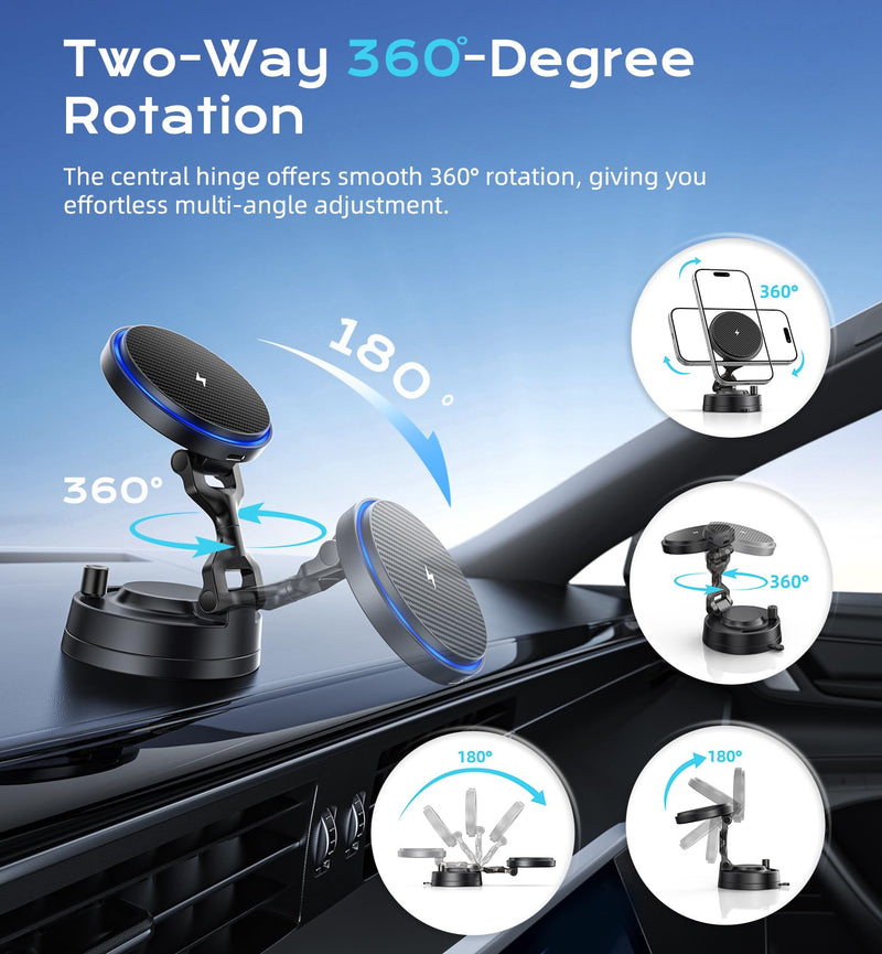 Upgraded 15W Magnetic Car Charger, Dashboard Phone Holders for iPhone 12-17 | 3200gf Magnetic Wireless Charger Faster Charging, 82LBS Suction Cup Dashboard Phone Holder, 360° Rotatable Magnetic Stand Blacka1