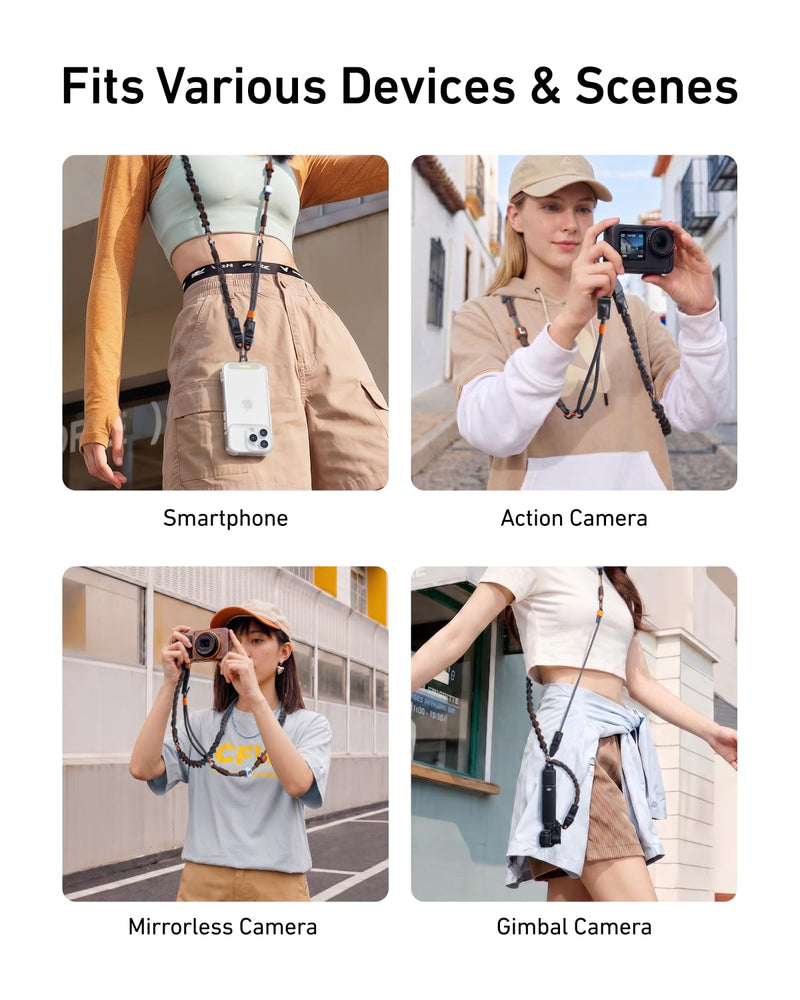 TELEISN Quick Release 3-in-1 Shoulder Strap for DJI Pocket 3/4/Camera/Phone | 3-in-1 Detachable Wrist/Neck/Shoulder Chic Braided Strap for Insta360 Luna Ultra, with Phone Tether Tab & 1/4" Screw Adapter Black