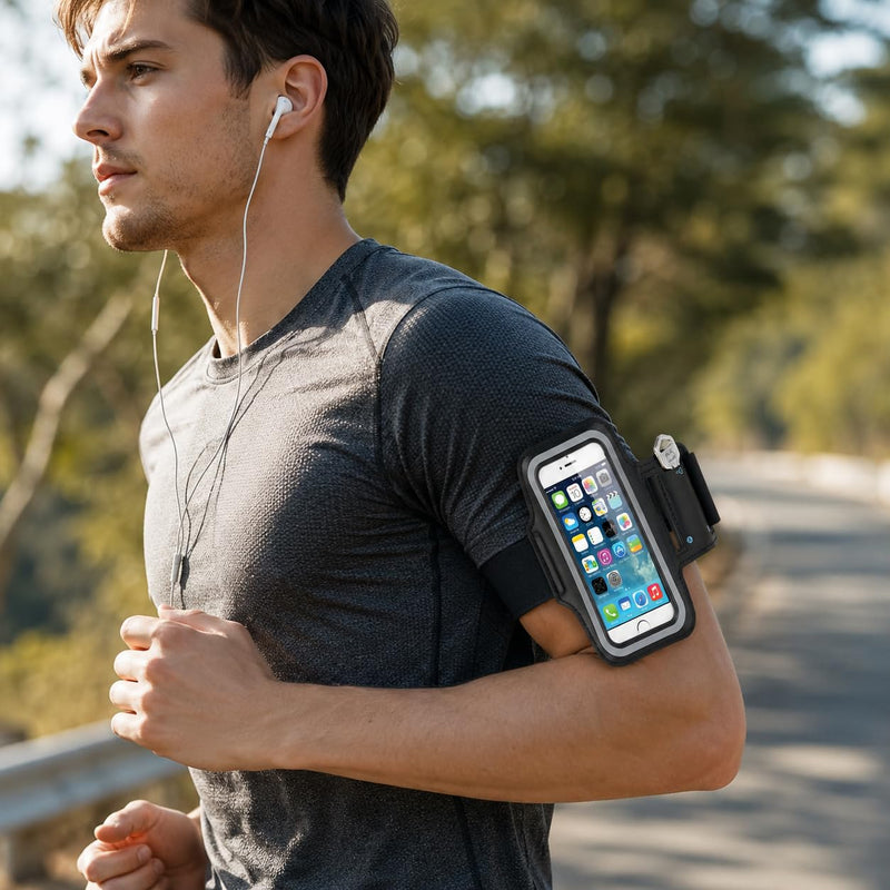 Up to 7.1 Inch Sports Phone Armband with Key Pocket & Reflective Strip, Sweat Resistant Adjustable Running Arm Band Compatible for iPhone Samsung, Gym Workout Cycling Fitness Arm Holder