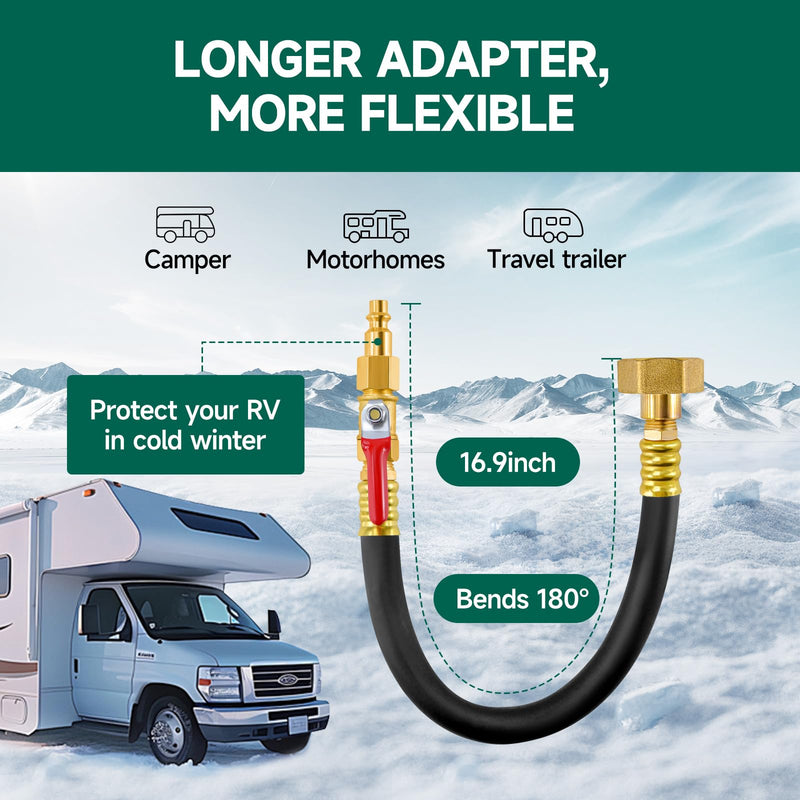 16.9" RV Winterizing kit, RV Water Blowout, for Camper, Sprinkler Systems, Boat, Motorhome Systems, Ship, air Compressor Quick Connect Plug to 3/4" Hose Blowout Adapter with Valve, with Bag