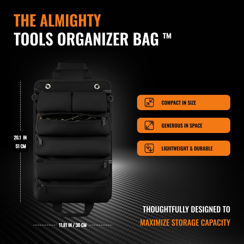 Heavy Duty Roll-Up Tool Organizer Bag with Detachable Pouches | Tool Bag for Handyman, Electrician, Mechanic, Plumber, Carpenter, Garage, Workshop, Truck, RV & Outdoor Use Black