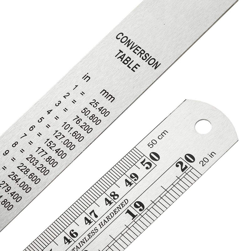 uxcell Straight Ruler 500mm 20 Inch Metric Stainless Steel Measuring Ruler Tool with Hanging Hole Inch & Centimeters Precision Drawing Ruler 2pcs
