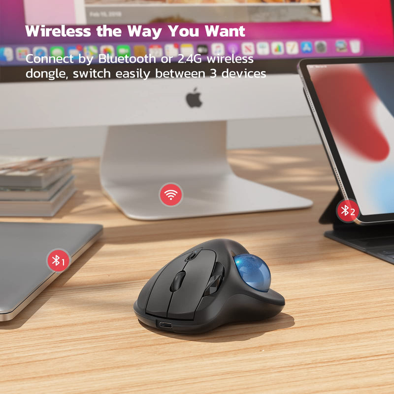 Nulea M501 Wireless Trackball Mouse, Rechargeable Ergonomic, Easy Thumb Control, Precise & Smooth Tracking, 3 Device Connection (Bluetooth or USB), Compatible for PC, Laptop, iPad, Mac, Windows. B-Blue