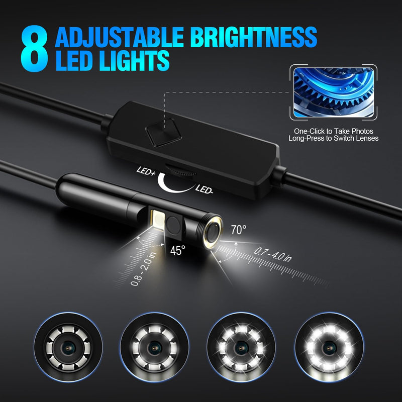 Endoscope Camera with Light, 1920P HD Borescope with 8 Adjustable LEDs, Semi-Rigid Snake Cable, IP67 Waterproof Inspection Camera for iOS & Android - 16.4FT-Dual Lens Black