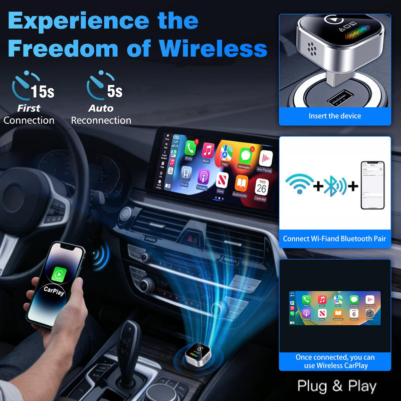 Wireless CarPlay Adapter for iPhone – 2027 4-in-1 Dongle with AirPlay & Screen Mirroring, Low Latency, 5-Second Auto Connect for Wired Cars, Includes USB A/C（Silvery）