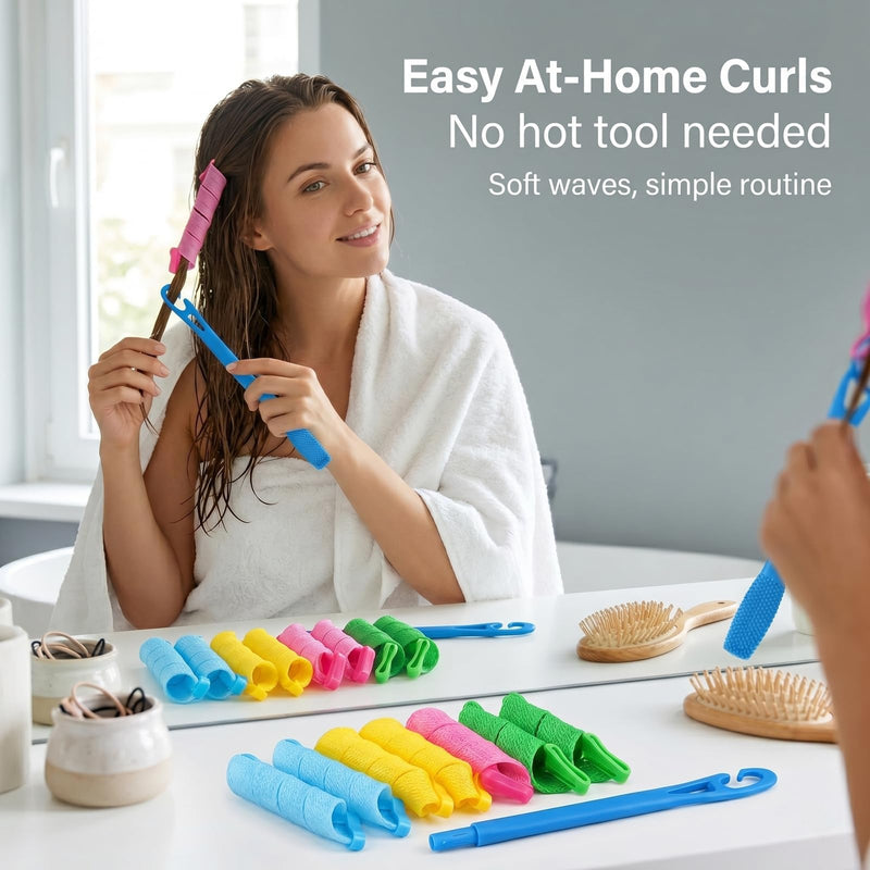 Spiral Hair Rollers, 17 Heatless Mesh Curlers With 2-Piece Styling Hook | Flexible Sleeves In 4 Colours, Connectable Tool Feeds Strands Through, Across Hair Lengths And Textures, Home Or Travel 2 Pack