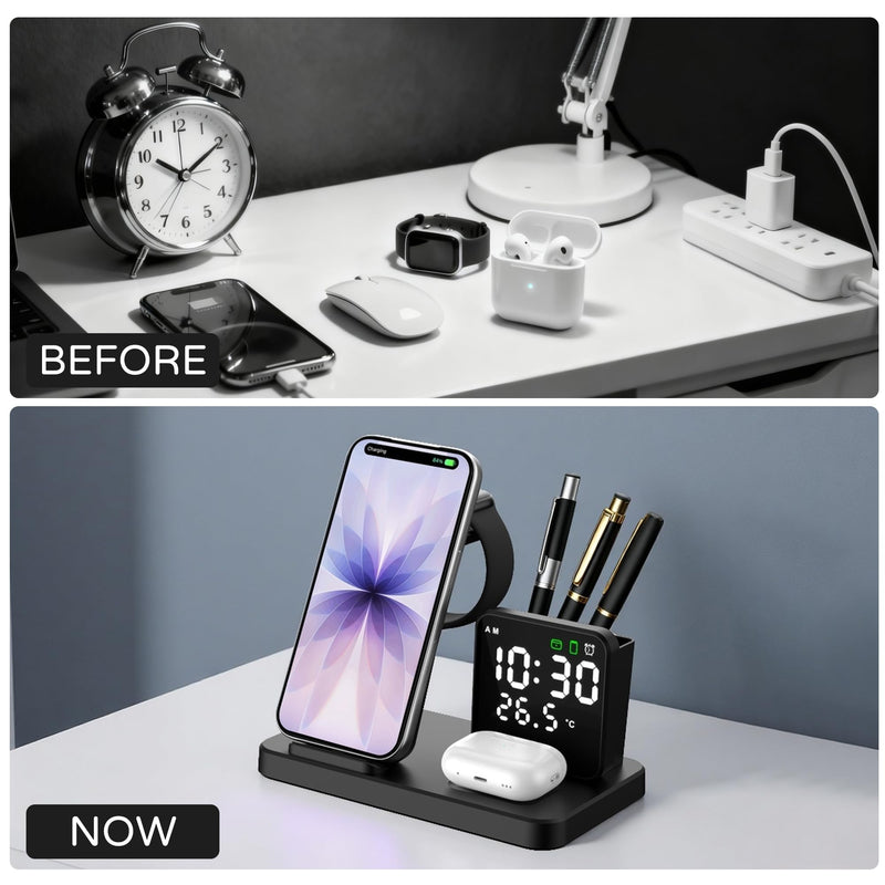 5 in 1 Wireless Charging Station with Alarm Clock Pen Holder, Fast Wireless Charger for iPhone 17/16/15/14/13/12/Pro/Max/Air, for iWatch & AirPods, Charger Stand with Temperature, Snooze Model Black