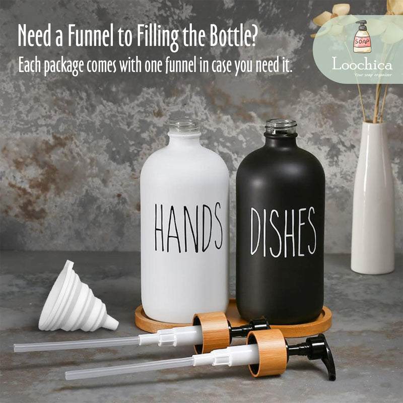 LOOCHICA 2 Pack Glass Soap Dispenser Set with Tray, Hand and Dish Glass Soap Dispensers for Kitchen Sink, Kitchen Soap Dispenser Set Suitable for Black and White Kitchen Decor A01-black/White With Bamboo Tray