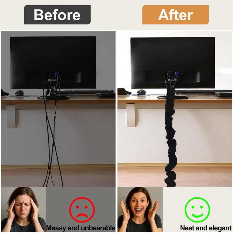 Black Farmhouse Cord Hider, TV Cord Cover and Cable Sleeve, 2 Pack 70.8 in with Button Snap Closure for Lamp Cord Black