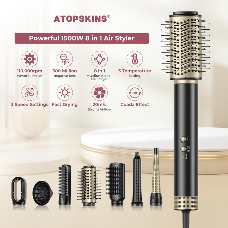 Airbrush Pro Hair Styler 8 in 1 Magic Styler, 1500W Hair Dryer Brush 110K High-Speed Motor Blow Dryer Brush, Left&Right Air Curler, Multi-Styler Hot Air Brushes for Hair Styling Black