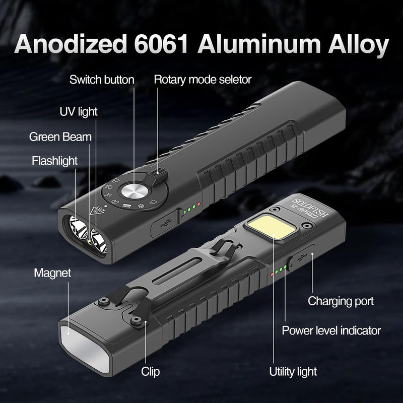 Solofish 1400 Lumens Aluminum EDC Flashlight with Green Beam, UV and 100lm Utility Light Combo, Rechargeable 4-in-1 Portable Pocket Light with Strobe for Emergency