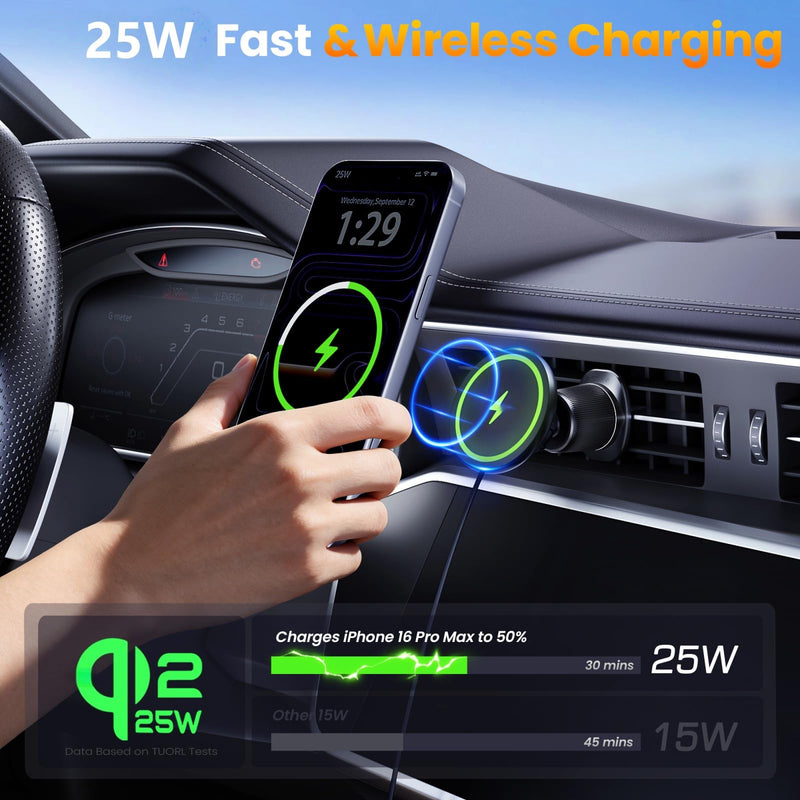 Upgrade for Qi2.2 25W for MagSafe Wireless Car Charger Mount, Space Black | 2XFast Charging [90+LBS Safe Suction] Magnetic Phone Holder Dashboard Windshield Vent for iPhone 17/16/15/14/13/12 Pro Max