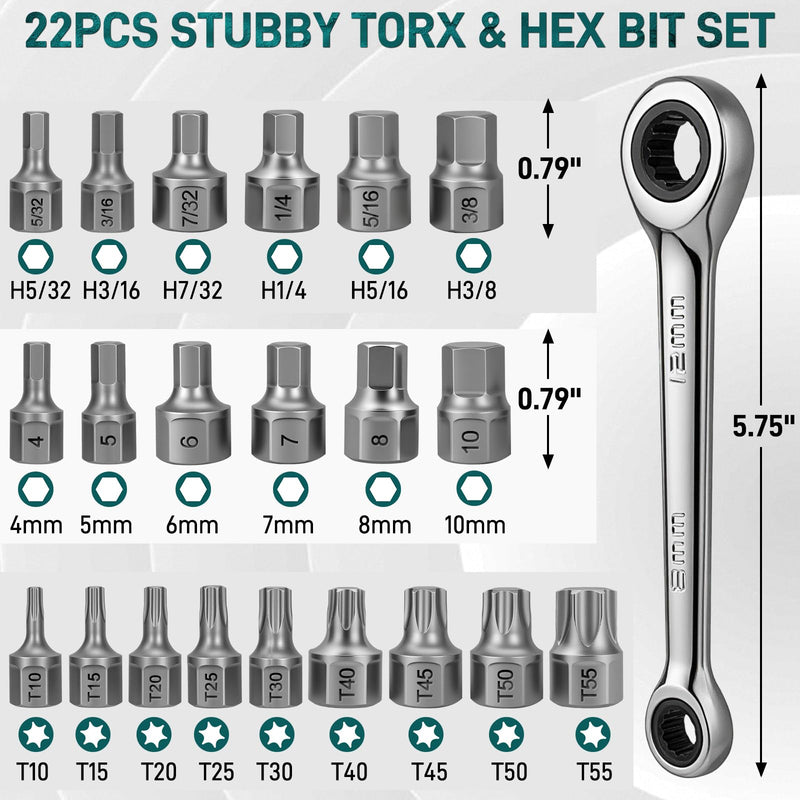 Stubby Torx/Hex Bit Set, with Ratchet Wrench, 22-Piece | Low Profile Torx Bit(T10-T55), SAE & Metric Hex Bit(5/32"-3/8" & 4-10mm), for Tight Space, S2 Alloy Steel