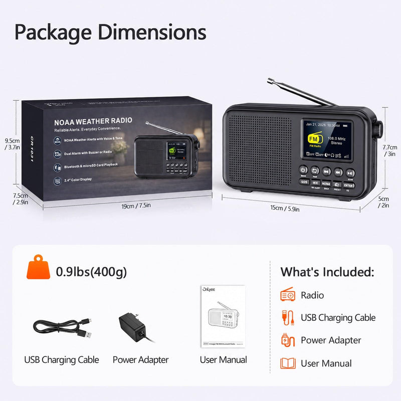 OnLyee Portable FM Radio with Bluetooth, NOAA Weather Alert, Black | 2.4" Color Display, 40 Preset, 8W Clear Sound, 3000mAh Rechargeable, Sleep Timer, MicroSD Playback, Headphone Jack, Home