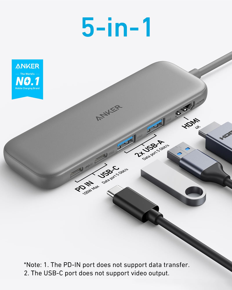 Anker 332 USB-C Hub (5-in-1) with 4K HDMI Display, 5Gbps USB-C Data Port and 2 5Gbps USB-A Data Ports and for MacBook Pro, MacBook Air, Dell XPS, Lenovo Thinkpad, HP Laptops and More(Grey) Grey