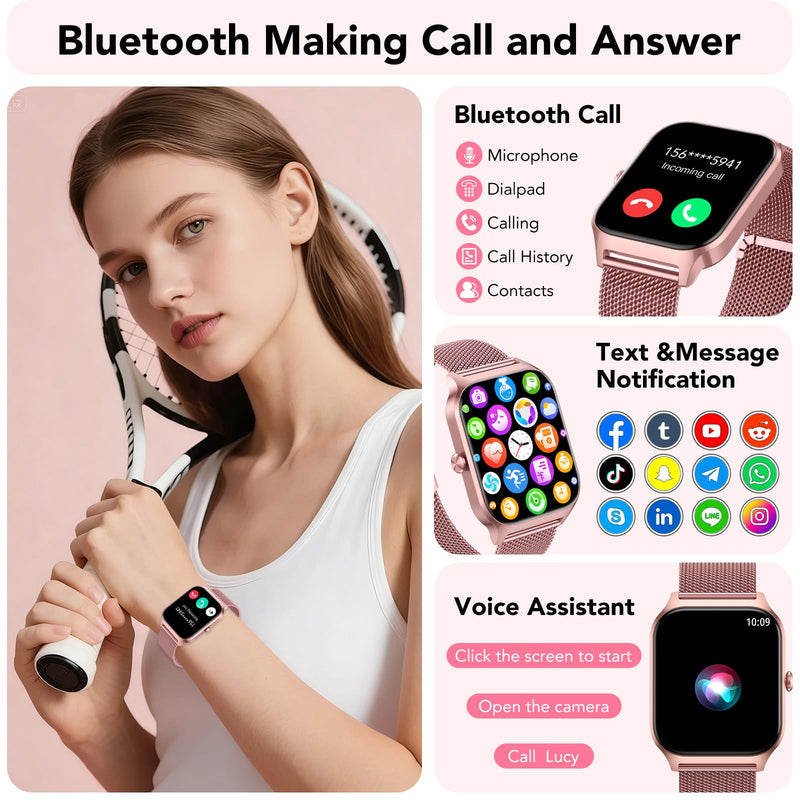 CASCHO Smart Watch for Women (2 Bands), Bluetooth Call Smartwatch with AI Voice,1.85" HD Fitness Watch,Heart Rate/SpO2/Steps/Sleep Monitor,120+ Sports Modes,IP68 Waterproof Watch for Android iOS-Rose Rose Gold