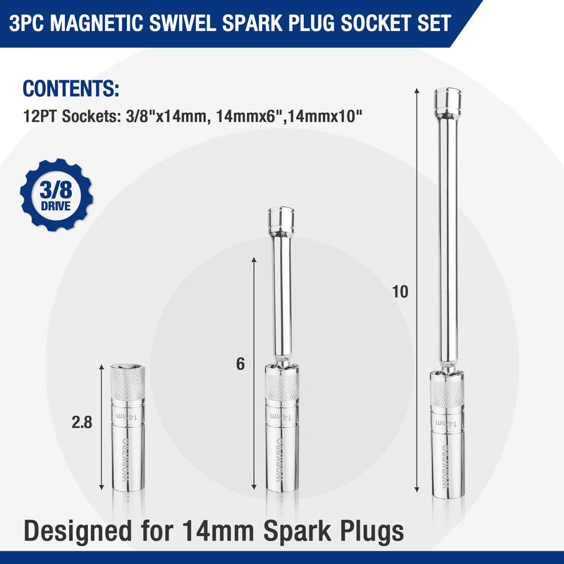 WORKPRO 3PC Magnetic Swivel Spark Plug Socket Set-Includes 14 mm Thin Wall Socket with 6- and 10-inch Extensions, 3/8-inch Drive with 12-Point, Magnetic Core