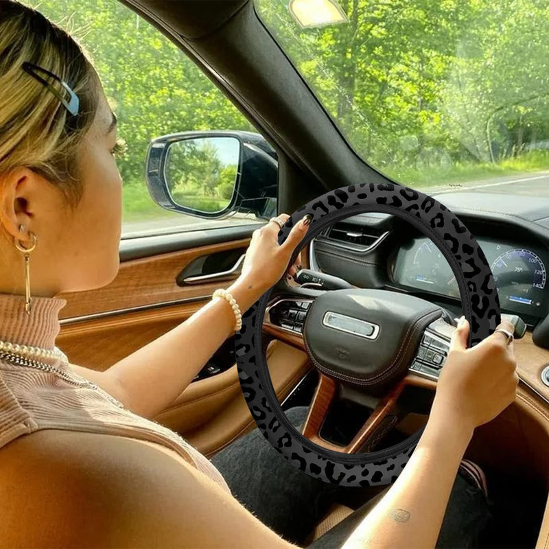 10 Pieces Leopard Print Car Steering Wheel Cover Center Console Armrest Pad Headrest Seat Belt Cover Handbrake Cover Keychain Coaster Full Set Car SUV(Leopard Print