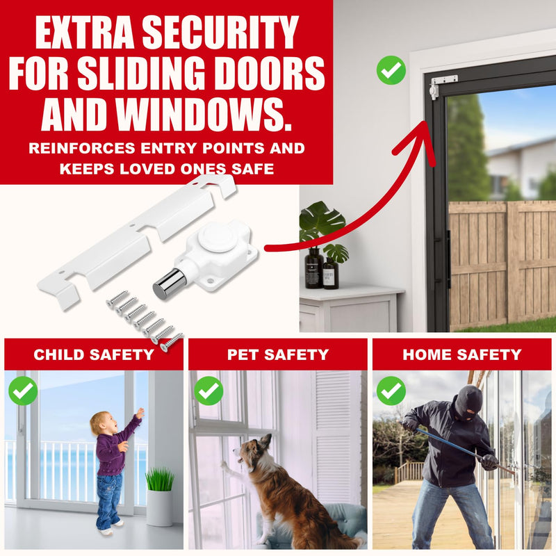 Securityman Sliding Door Lock | Sliding Glass Door Lock for Child Safety, Pet, Patio, & Adjustable Ventilation with Button Actuation, Metal Shaft