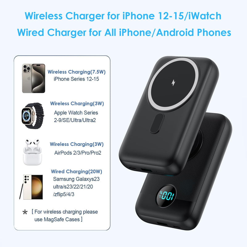 Magnetic Portable Charger 10800mAh,4-in-1 Wireless Power Bank with iWatch Charger, QC4.0+20W PD Fast Charging USB C Battery Pack with LCD Display for Magsafe,iPhone 15/14/13/12 Series,Apple Watch etc. Black