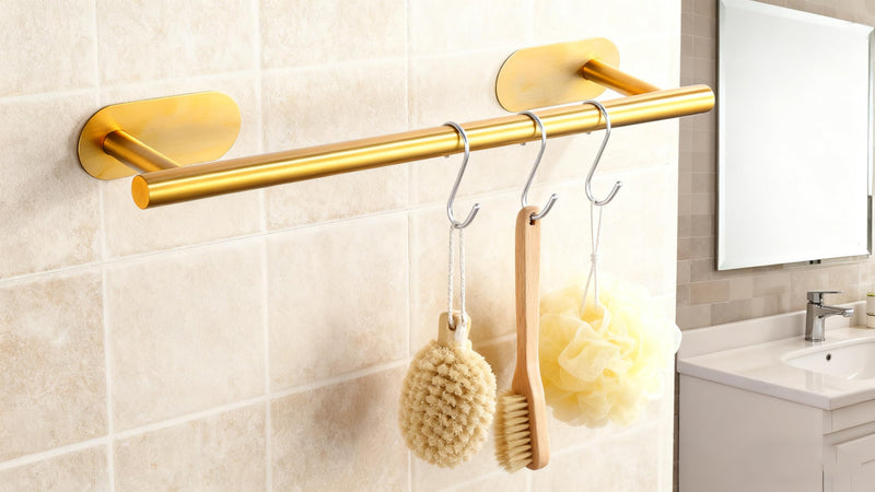 SEIDO Adhesive Towel Bar, 16 Inch Gold Towel Bar for Bathroom, Stainless Steel Towel Racks for Bathroom, No Drilling Needed, Brushed Gold 13"L Gold Adhesive Bar