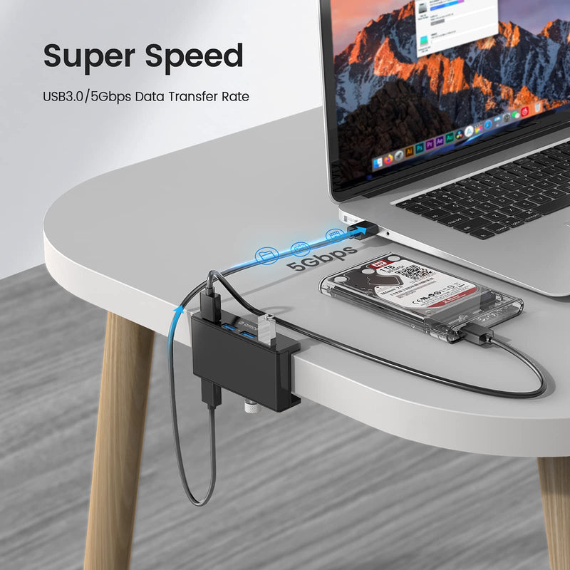 ORICO USB 3.0 Hub, USB Hub Clamp, Aluminum 4-Port USB Splitter with Extra Power Supply Port and 4.92 FT USB Data Cable, Desktop Powered USB Hub for Monitors/Desks-Black (Without Power Adapter) Black