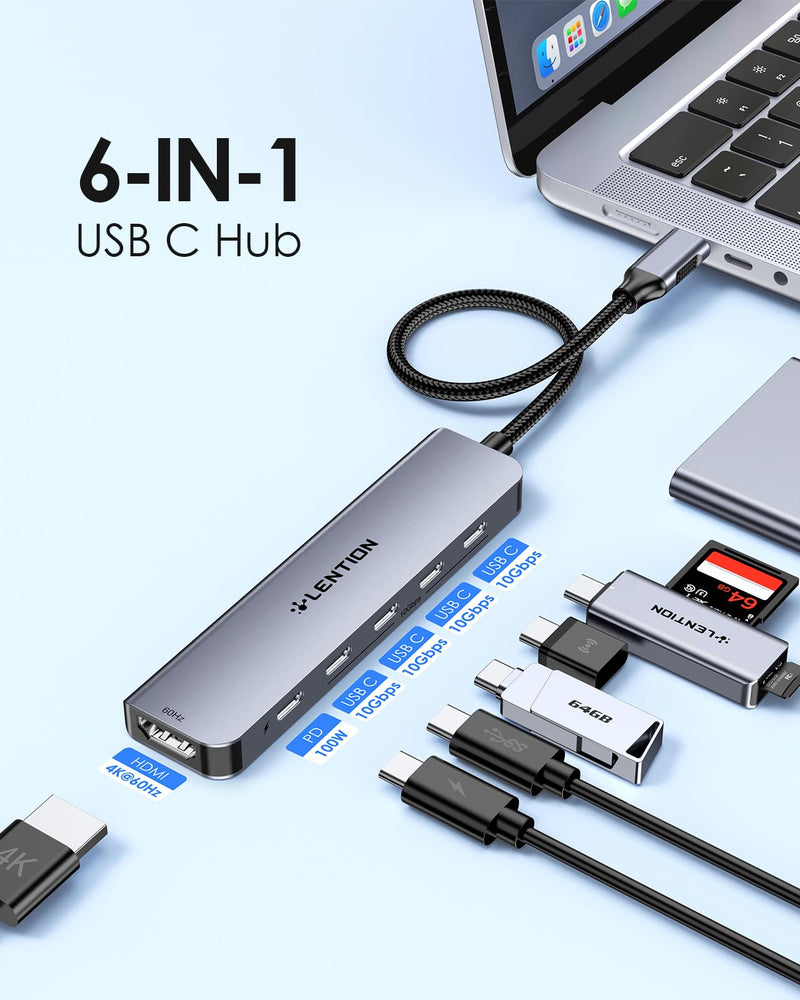 LENTION 6-in-1 USB C Hub Dock with a 4K @60HZ HDMI Display, 4 XUSB-C 3.2 Gen 2, 10 Gbps, PD 100W Charging and for iPhone15 Series, New MacBook Pro, Mac Air, More (CE33, Space Gray)
