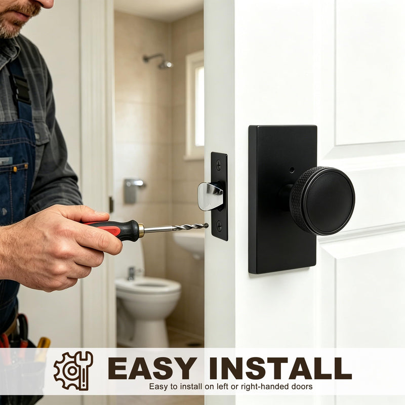 Black Door Knob with Lock, Interior Door Knobs for Bedroom and Bathroom | Zinc Alloy Privacy Door Handle, Knurled Solid Door Knob with Large Backplate, Heavy Duty Interior Door Knobs with lock Black 1