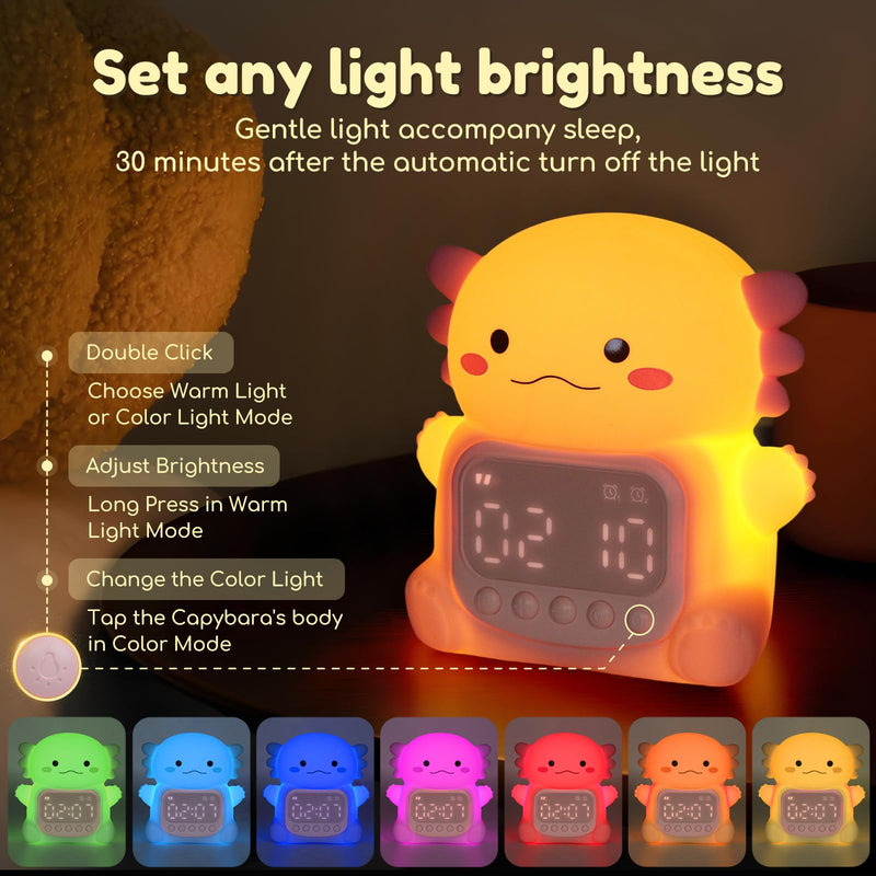 Yiliaw Axolotl Alarm Clock with Night Light for Kids, 7 RGB Color Cute Alarm Clocks for Bedrooms Ok to Wake Clocks, Silicone Animal Tabletop Lamp for Teen Girls Boys