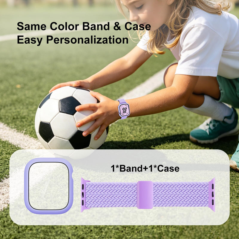 Compatible with Kids Apple Watch Band with Case 38/40/41/42/44/45mm Braided | for iWatch Series SE3 SE2 SE 9 8 7 6 5 4 3 2 1, Nylon Elastic Magnetic Clasp Strap and Protective Cover with Tempered Glass LilacPurle 40mm-series 6/5/4/Se1/Se2/Se3